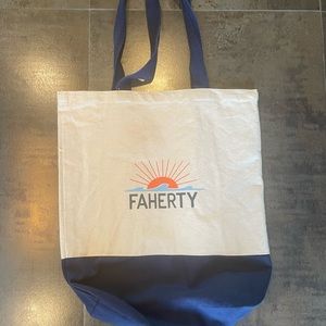 Faherty tote bag - canvas with orange and blue logo and trim.